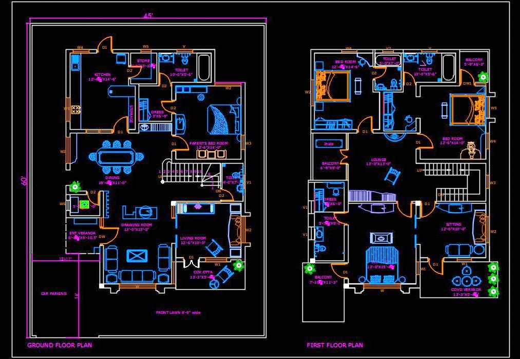 45'x60' Duplex House Plan - Autocad Drawing Download